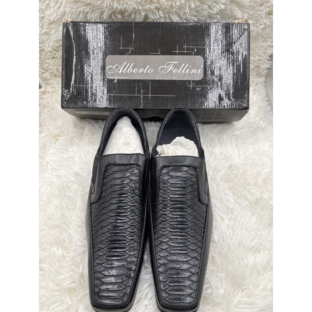 Alberto Fellini Mens Black Snakeskin Embossed Square Toe Slip On Loafers Size 12